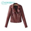 Women Jacket Long Sleeves Autumn Winter Short Type Faux Leather Biker Jacket.
