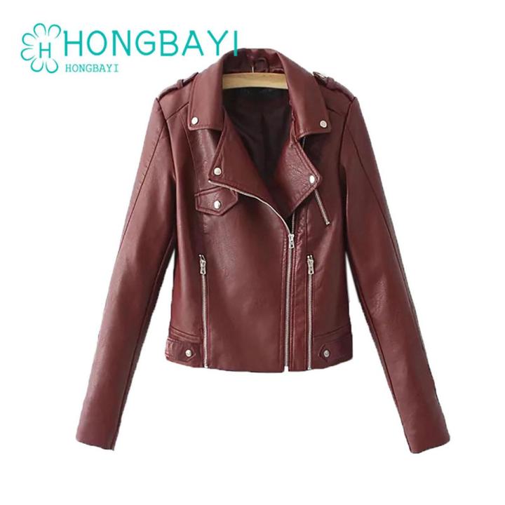 Women Jacket Long Sleeves Autumn Winter Short Type Faux Leather Biker Jacket