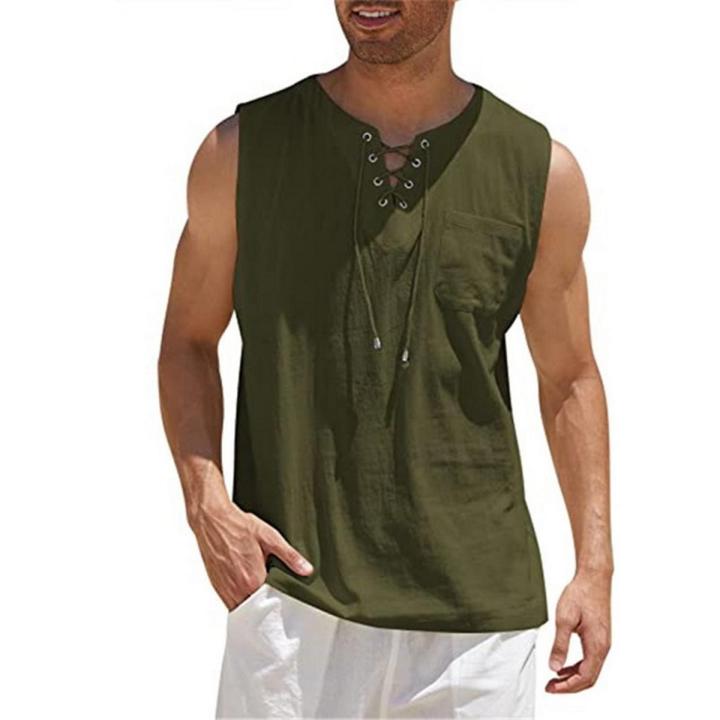 Casual Summer Men Cotton Linen Tank Top Solid Color Sleeveless V Neck Loose Bandage Pocket Vest Tops Men'S Blouse Shirt Clothing