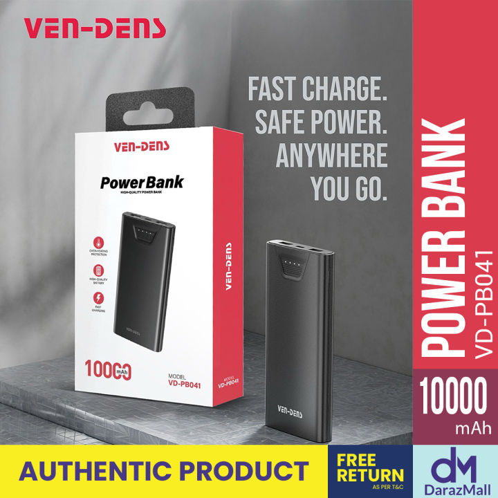 VEN-DENS 10000mAh Power Bank VD-PB041 Fast Charging Portable Charger Dual USB Output LED Indicator Smart Protection Slim & Lightweight Powerbank All Devices Supported
