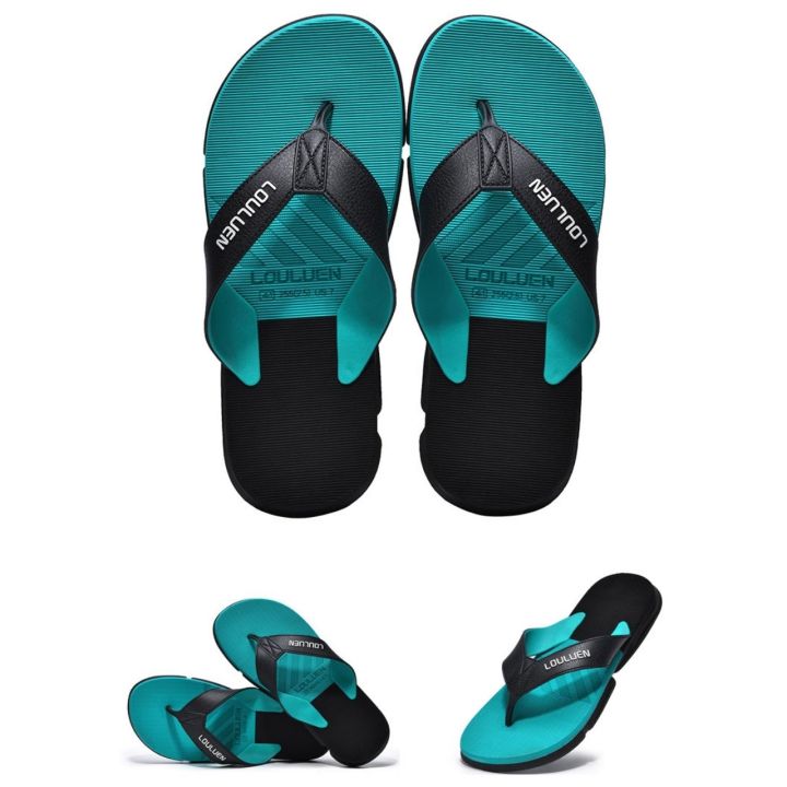 LOULUEN%20Men's%20Tri-Color%20Stripe%20Flip-Flops%20Sandal%20-%20Turquoise%20and%20Black%20-%20Image%203