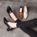 Soft Leather Mid Heel Pointed Toe Shoes Women's Spring and Autumn New European Station Women's Chunky Heels All-Match Brown Small Leather Shoes. 