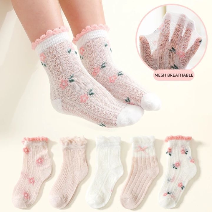 Kids Socks 5 Pairs/Lot Spring Summer Cotton Girls Boys Cute Flowers Pattern For Children Baby Princess Mesh Socks 0-12 Years Old