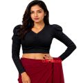 Elegant Long Sleeve Ribbed Crop Top Blouse with Puff Sleeves for Women.