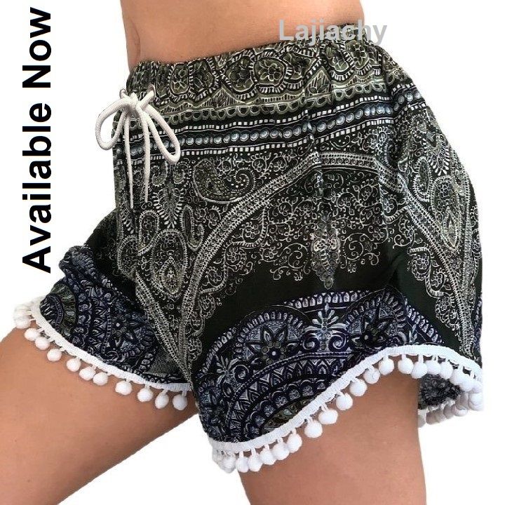 Digital Printed Lace Waist Elastic and Drawstring Soft and Comfortable Fashionable Casual Shorts for Women