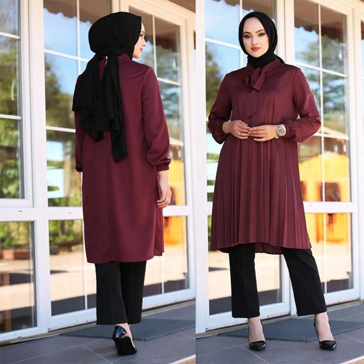 Stylish Addition - Ladies muslim long sleeve pleated chiffon top muslim women casual crew neck tunic modest blouse - Modern - Choice Expression