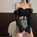 Women Long Sleeve Square Neck Shirt Drawstring Off Shoulder Blouse Crop Top.