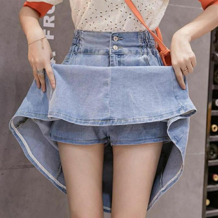 Spring Denim Skirt Women plus Size High Waist Anti-ExposureaElastic Waist Mid-Length Pleated Skirt FatMMOutfit