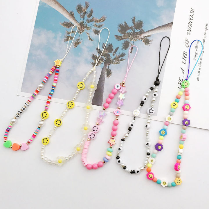 Alien Beautiful Flowers Star Beads Phone Chain Lanyard for Women Acrylic Pearl Clay Phone Case Strap Charm Jewelry Accessories