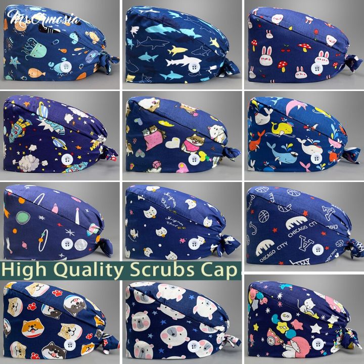 Lab Scrub Cap Cartoon Printing Medical Scrubs Hat For Women Mens Scrubs Surgicals Hat Nursing Accessories Beanie Nurse Head Cap