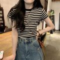 M61 Summer Clothing 2023 New French Style Sweet and Spicy Style Inner Bottoming Shirt Shoulder T Women's Striped T-shirt Shory Style Shirt.