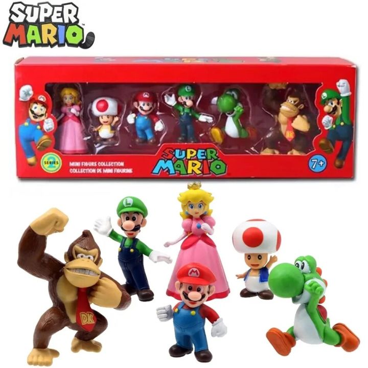 6pcs/set Super Mario Bros PVC Action Figure Toys Dolls Model Set Luigi Yoshi Donkey Kong Mushroom for kids birthday gifts AAA Moonlight Shines
