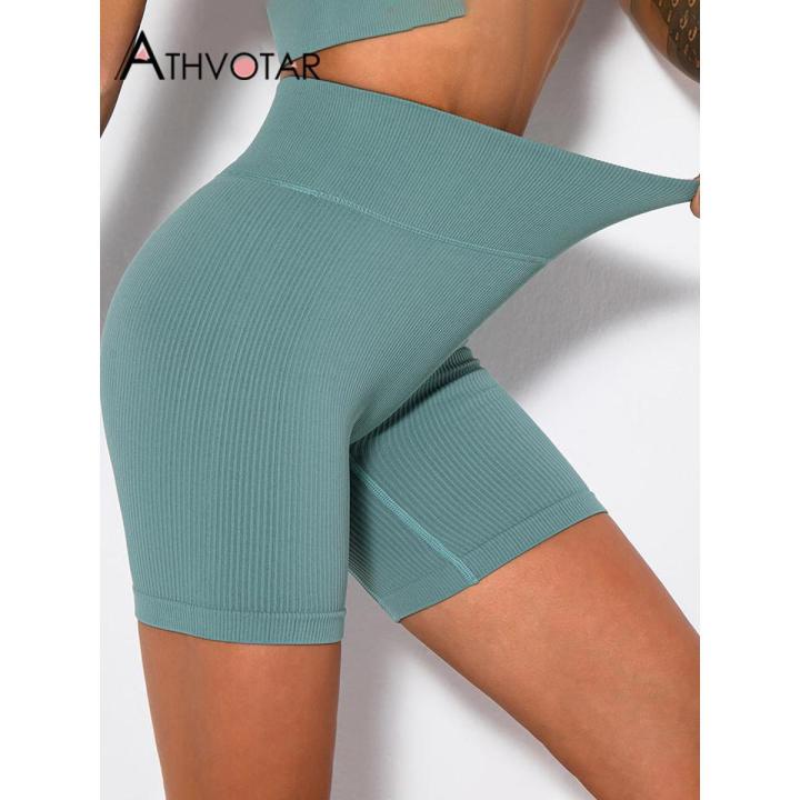 ATHVOTAR Women Sports Shorts Seamless Knit Ribbed Cycling Shorts Female Pants Push Up Elastic Summer Fitness Gym Shorts