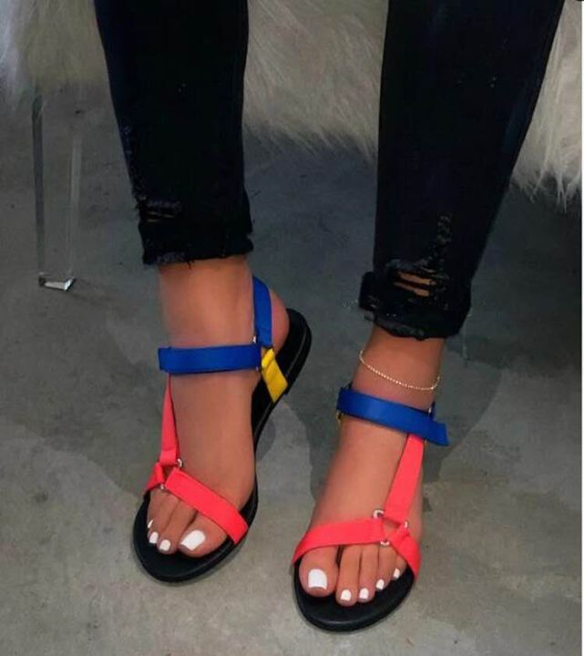 Cross-border%20wish%20summer%20webbing%20velcro%20flat%20sandals%20women's%20slotted%20buckle%20large%20size%20leopard%20print%20color-blocked%20beach%20sandals%20-%20Image%204