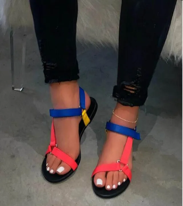 Cross-border%20wish%20summer%20webbing%20velcro%20flat%20sandals%20women's%20slotted%20buckle%20large%20size%20leopard%20print%20color-blocked%20beach%20sandals%20-%20Image%204