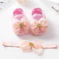 2Pcs Newborn Infant Baby Girl Shoes +Headband Set Lace Big Bowknot Princess Cute Flats Soft Sole Shoes. 