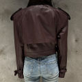 Biker Burgundy Leather Jacket Women Short Autumn Jacket Leather Fashion Shoulder Pad Jacket. 