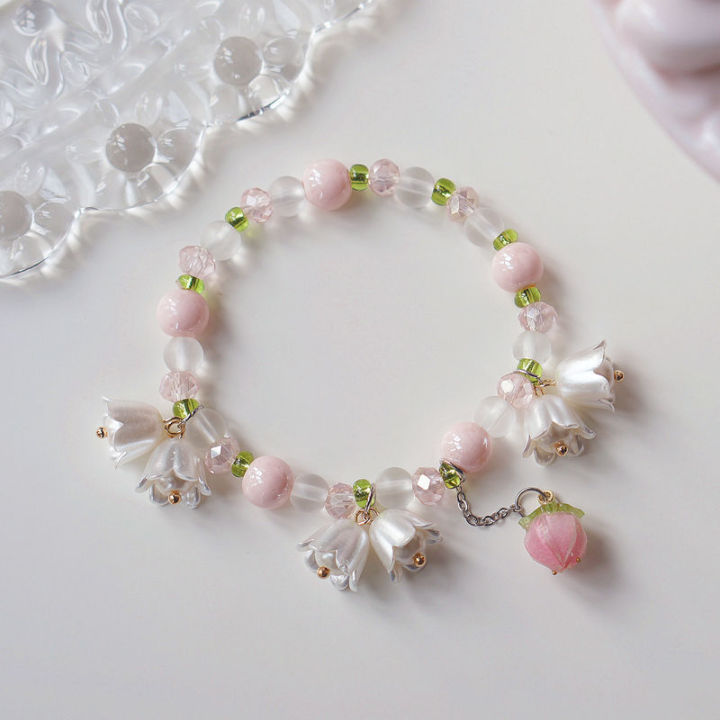 Sweet Vintage Pearl Lily Tulip Flower Bracelet for Women Fashion