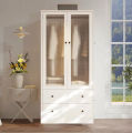 Armoire With Soft-Close Doors — Modern Milky White 2 Door Fluted Glass Wardrobe Closet With Shelves & Drawers, 2 Part Glass Almirah Hanging Road with Srorage Drawer Almari. 
