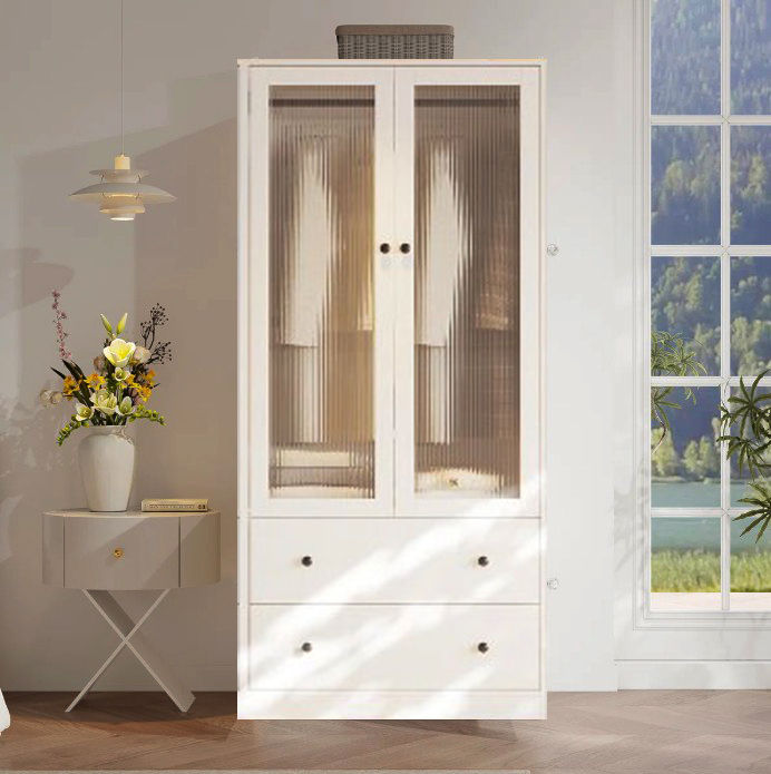 Armoire With Soft-Close Doors — Modern Milky White 2 Door Fluted Glass ...