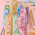 Set of 2 pencils cartoon stationery, 1 ruler, 1 eraser, 1 pencil sharpener. 