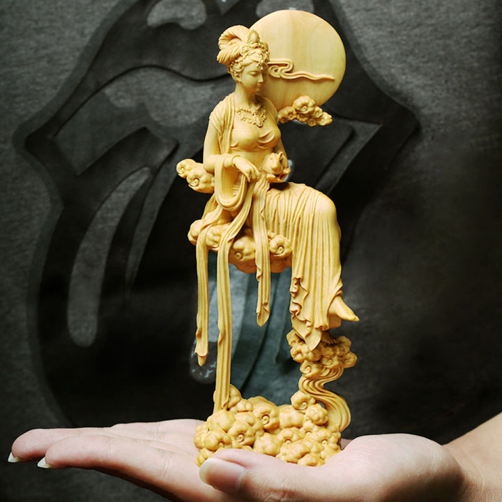 Boxwood Wood Carving Beauty Chang'e Statue Mythological Figure Sculpture Craft