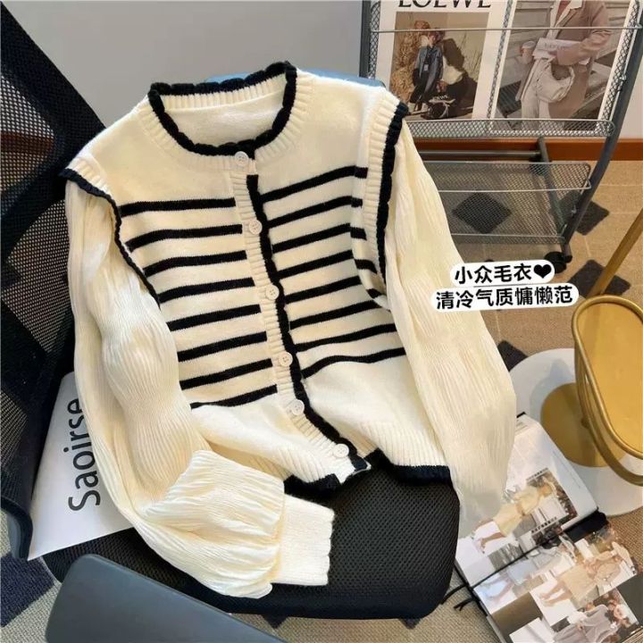 French Striped Sweater Women's Spring and Autumn Thin Design Puff Sleeve Patchwork Retro Fake Two-Piece Top