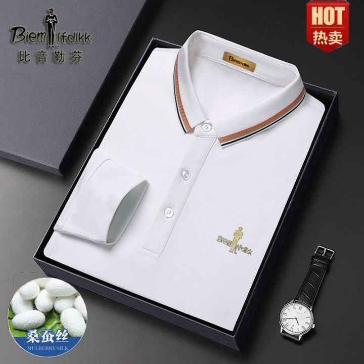 Biyinlefen New Autumn Long Sleeve100%Mulberry SilkTT-shirt Casual Business plus-SizedPOLOShirt Top