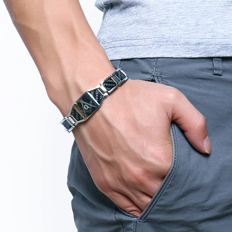 Stainless Steel Masonic Bracelet For Men – Silver Magnet Carbon Fiber Design, Unisex Identification Bracelet - View #9