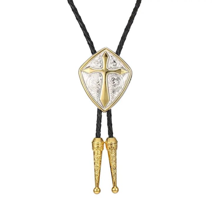 Gold%20Romen%20shield%20cross%20pattrn%20bolo%20tie%20for%20man%20Indian%20cowboy%20western%20cowgirl%20leather%20rope%20zinc%20alloy%20necktie%20-%20Image%202