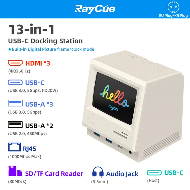 RayCue 128K SE USB C Docking Station 4K HDMI-compatible Triple Monitor Expansion USB 3.0 Hub for MacBook Lenovo HP Dell Laptop