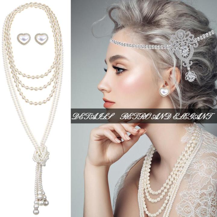 3Pcs%20Vintage%20Court%20Style%20Gatsby%20Jewelry%20Set%20Women%20Girls%201920s%20Vintage%20Costume%20Pearl%20Earring%20Necklace%20Hair%20Band%20-%20Image%205