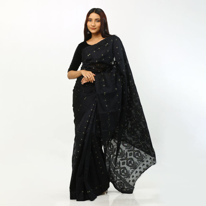Black half silk matching jamdani saree for women - Sari