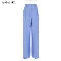 Blue Women High Waist Wide Leg Pants Ladies Casual Loose Casual Trousers Female Pleated Button Trousers Floor-Length. 
