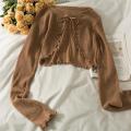Women Frenum Cardigan Blouses and Tops Bow Lace Up Long Sleeve Crop Top Female Elegant Shirt Thin Aesthetic Clothes Korean Style. 