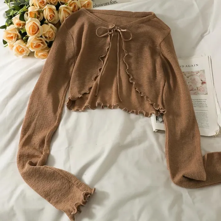 Women%20Frenum%20Cardigan%20Blouses%20and%20Tops%20Bow%20Lace%20Up%20Long%20Sleeve%20Crop%20Top%20Female%20Elegant%20Shirt%20Thin%20Aesthetic%20Clothes%20Korean%20Style%20-%20Image%203