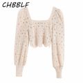 CHBBLF women stylish hollow out blouse square collar long lantern sleeve shirt female elegant solid crop tops blusas BGB9534. 
