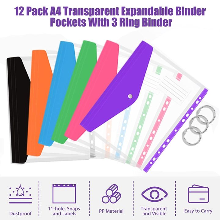 XHHDQES%2012%20Pcs%20A4%20Binder%20Pocket%20Expandable%20Envelopes%20Clear%20Plastic%20Envelopes%20for%20Ring%20Binder%20Folder,%20Snap%20Button%20-%20Image%207