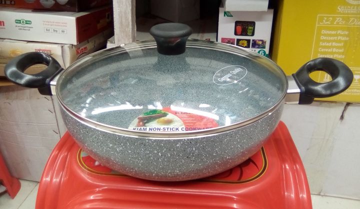 Kiam Marble Coated Karai With Glass Lid 30cm