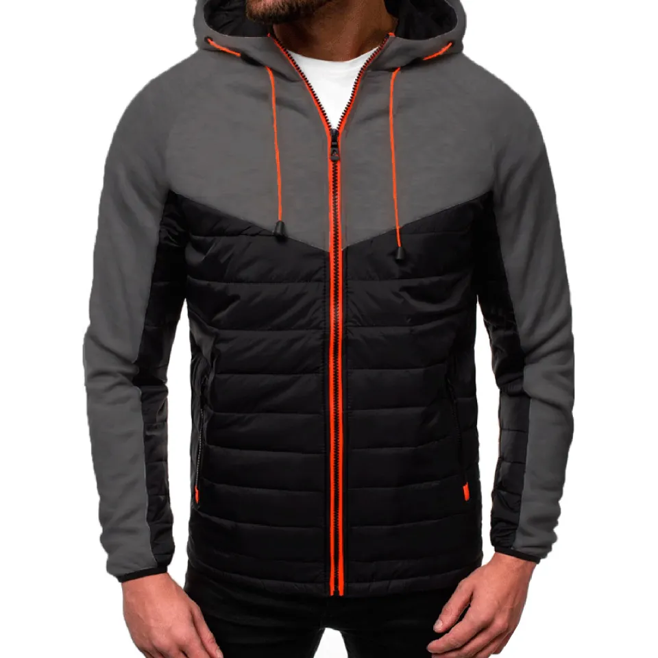 Autumn Winter Jacket Men Color Block Zipper Hooded Jackets Male