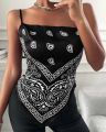 Women's Vest Shirt Summer Tank Tops Bowknot Backless Blouse Paisley Print Satin Handkerchief Top Casual Slee.