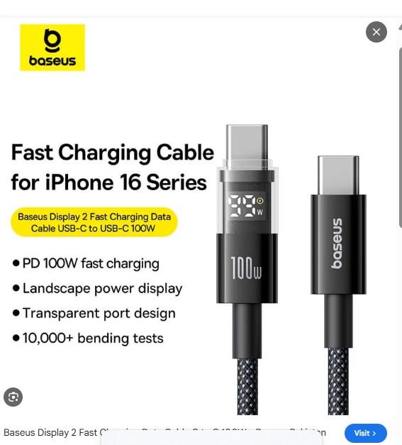 Baseus Display 2 Type-C to Type-C 100W Cable For Iphone 15 16 Samsung S25 S24 Pixel Macbook 1m