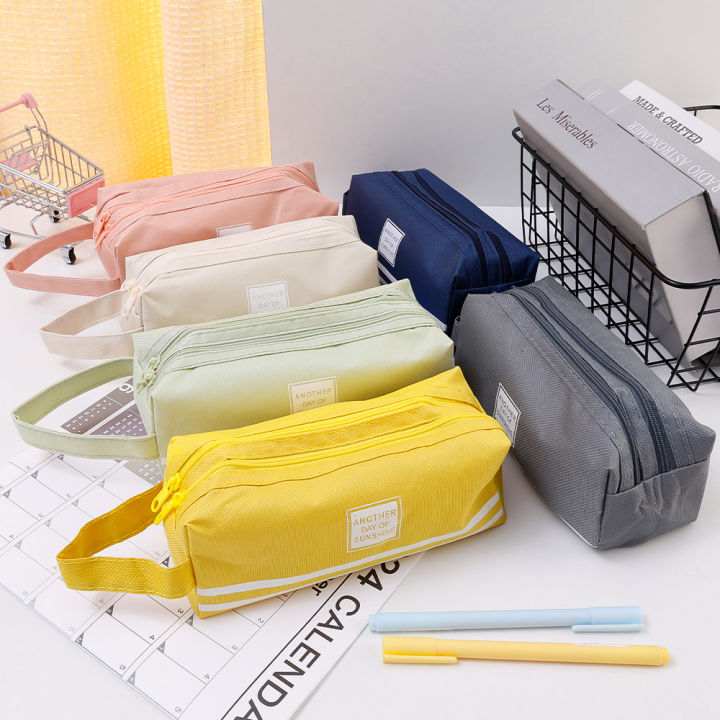 Portable Canvas Pencil Case Large Capacity Stationery Pen Storage Bag Double Layer Student Pencil Cases Bag School Supplies