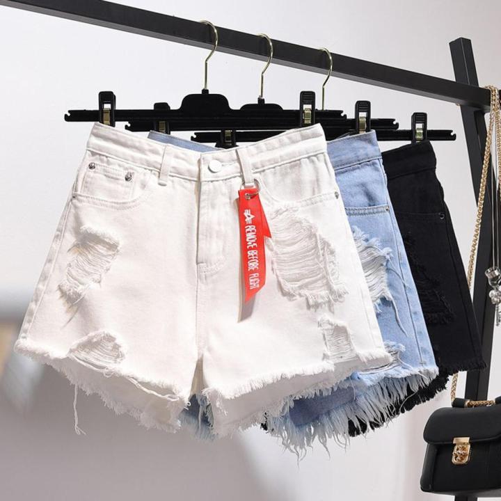 Women's High Waist Denim Shorts2022Summer New Loose Hole Large Size FatmmWide-LegaWord Hot Pants Fashion