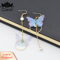 Sweet Women Butterfly Gauze Circle Faux Pearl CZ Long Dangle Asymmetric Earrings. 