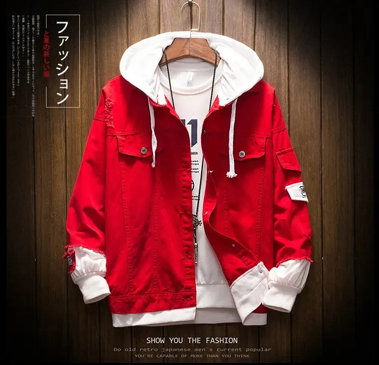 Two Pieces Hooded Men Denim Jacket Men Spring Autumn New Stitching