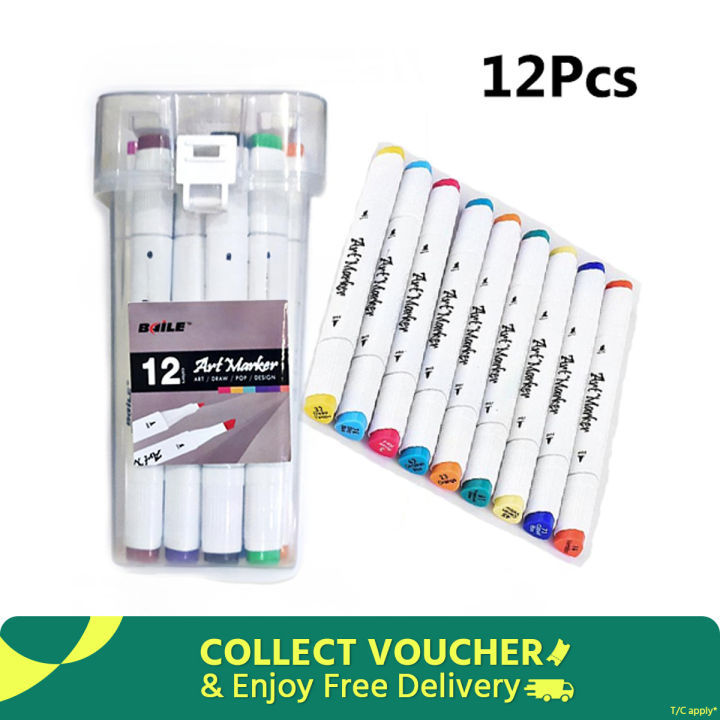 Baile Art Marker Pen Flat/Thick Tip 12, 24, 40, 60 Colours Box for Artists
