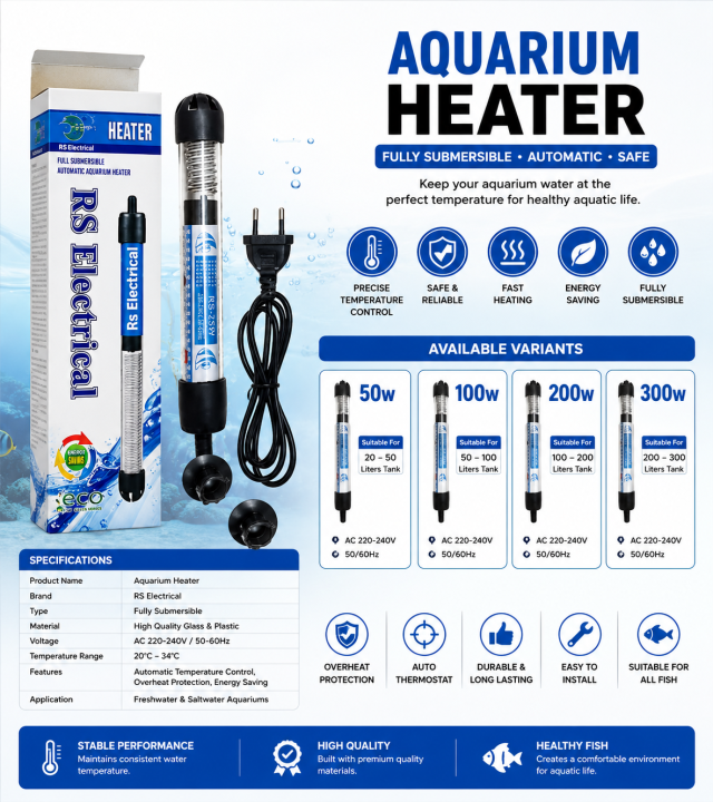 RS Electrical Aquarium Heater (25 Watt-200Watt) - Auto Adjust Thermostat Submersible/Underwater Aquarium Heater
