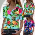 2022 Summer Flower Leafs Printed Hawaiian Shirts Women Short Sleeve Beach Shirts Casual Holiday Party Vacation Blouse Tops Tee.