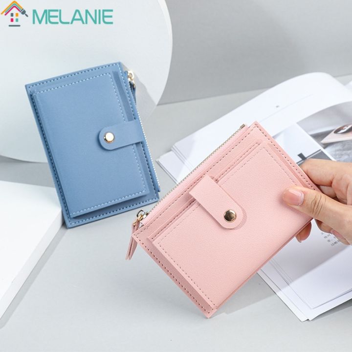Women PU leather short pocket buckle zipper wallet Korean mini plain color flap trend purse multi-card high capacity card holder